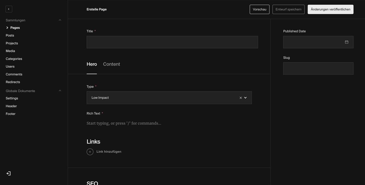 Payload CMS Seite anlegen